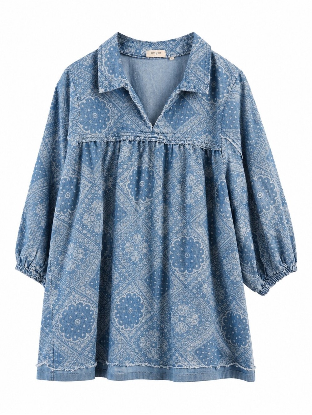Umgee Light Blue Paisley Patchwork Chambray Tunic, M, Balloon Sleeve, Coastal
